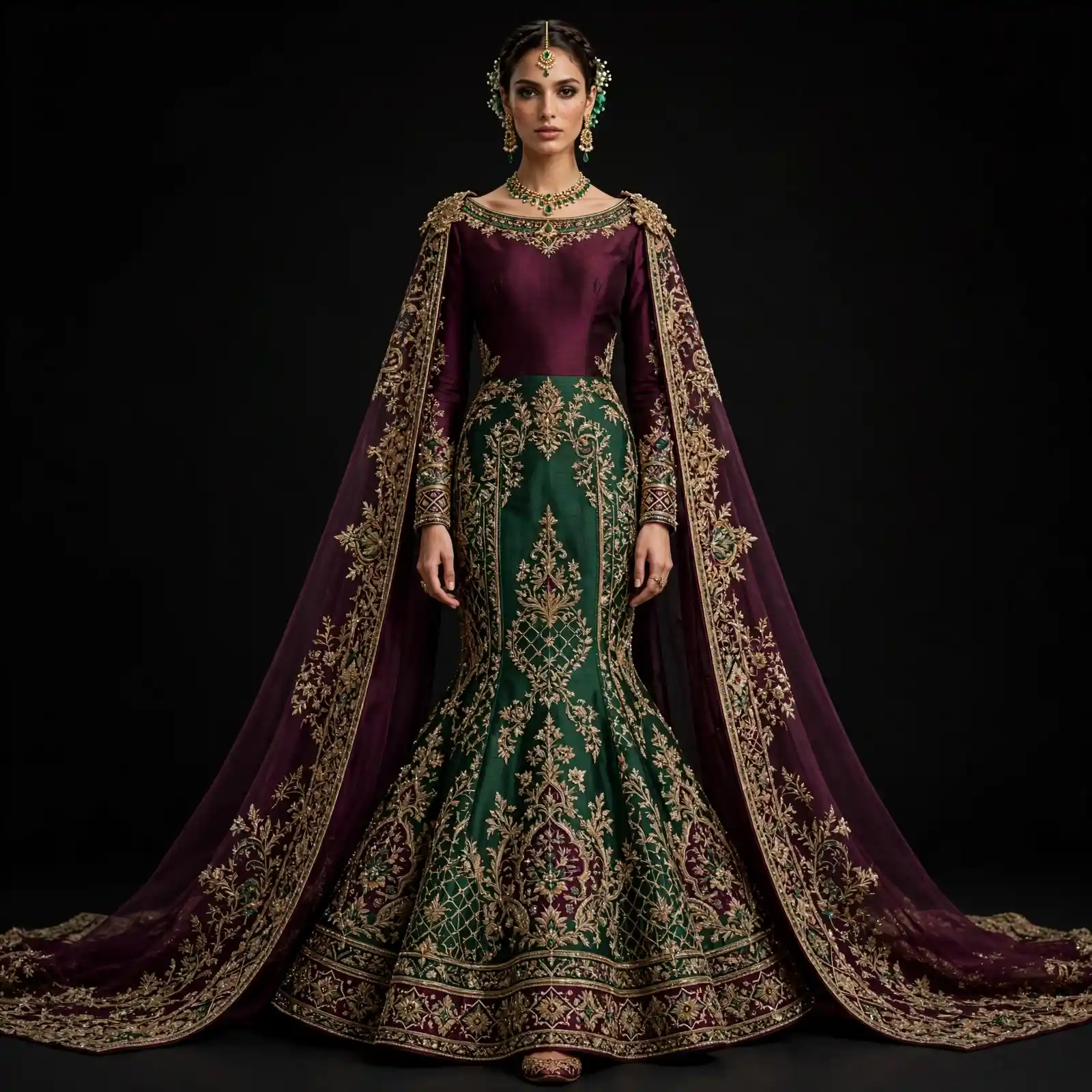 ExpensiveE Burgundy Emerald Green Mermaid Cape Lehenga with High Collar and Temple Gopuram and Gold Brocade Cape and Lotus Border