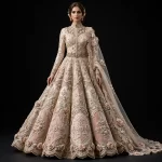 ExpensiveE  Ivory Blush Pink Art Deco Origami Lehenga with High Collar Lattice Jali and 3D Floral Rosettes and Pearl Beaded Scalloped Border