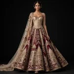 ExpensiveE  Burgundy Champagne Gold Temple Palace Tower Lehenga with Corset Lattice and Floral Vine Panels and 3D Temple Towers and Scalloped Train