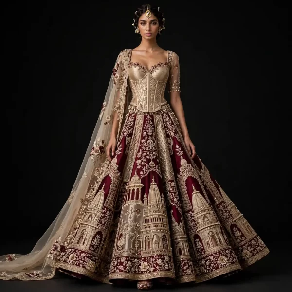 ExpensiveE  Burgundy Champagne Gold Temple Palace Tower Lehenga with Corset Lattice and Floral Vine Panels and 3D Temple Towers and Scalloped Train
