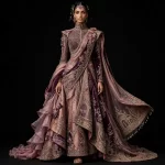 ExpensiveE  Mauve Purple Velvet Temple Palace Saree Lehenga with High Collar Diamond Lattice and Ruffled Drape and Pearl Tassel Temple Border