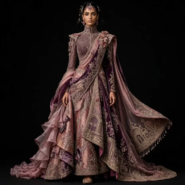 ExpensiveE  Mauve Purple Velvet Temple Palace Saree Lehenga with High Collar Diamond Lattice and Ruffled Drape and Pearl Tassel Temple Border