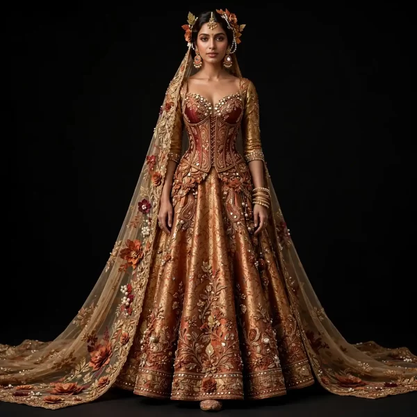 ExpensiveE  Burnt Orange Gold Corset Lehenga with Pearl Beading and Temple Floral Vine and Scalloped Dupatta and 3D Rose Border
