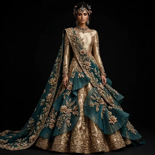 ExpensiveE  Teal Champagne Gold Saree Lehenga with Gold Lotus 3D and Pleated Fan Drape and Floral Saree Drape and Scalloped Train