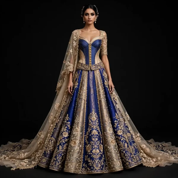 ExpensiveE  Royal Blue Champagne Gold Corset Lehenga with Blue Velvet Bodice and Gold Floral Panels and Pearl Beaded Border and Scalloped Dupatta