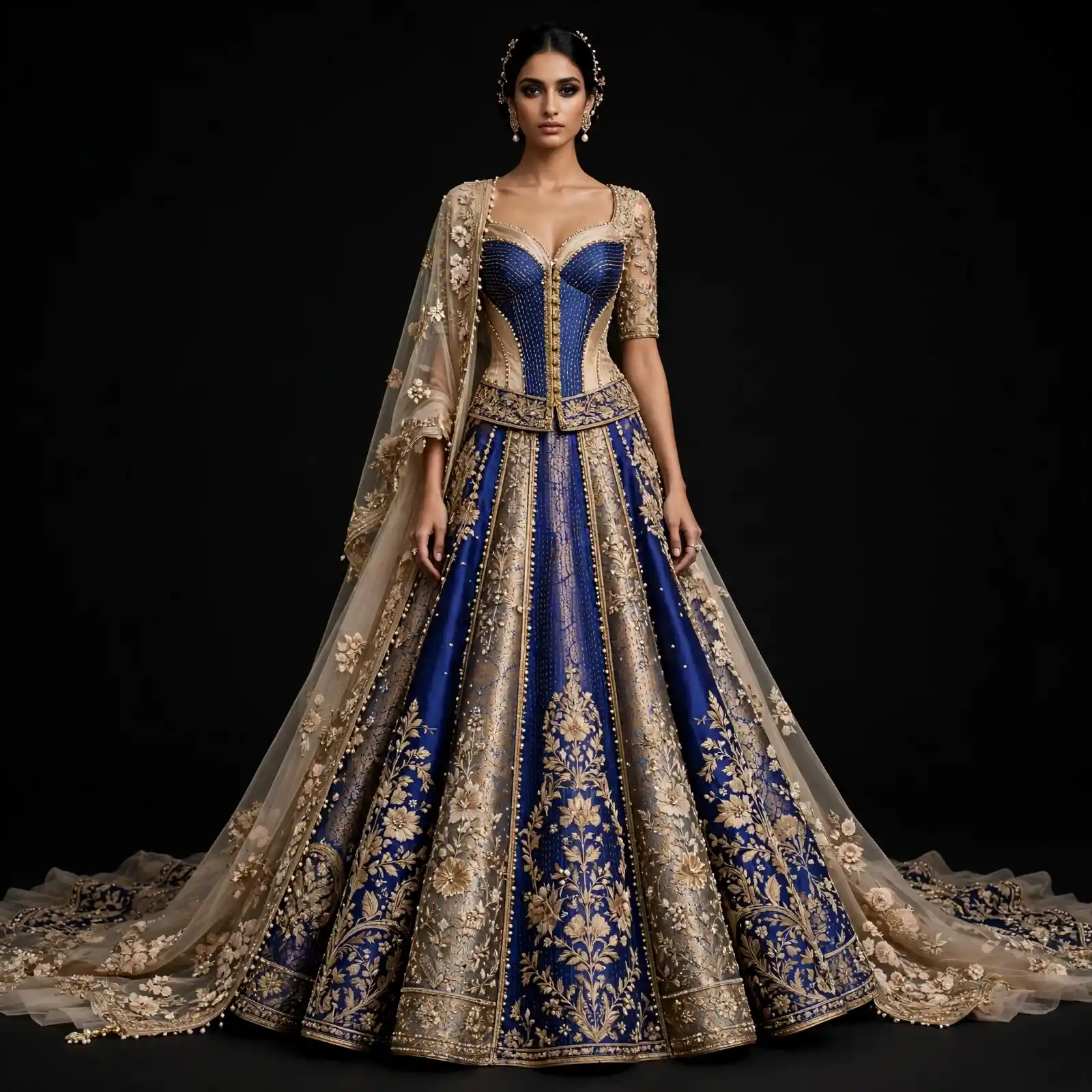 Expensivee Royal Blue Champagne Gold Corset Lehenga with Blue Velvet Bodice and Gold Floral Panels and Pearl Beaded Border and Scalloped Dupatta