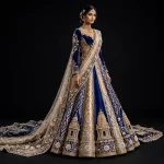 ExpensiveE  Royal Blue Champagne Gold Ikat Temple Tower Lehenga with Saree Drape and Pearl Kamarbandh and Floral Scalloped Dupatta and Train
