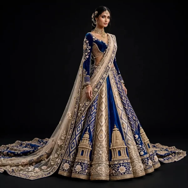 ExpensiveE  Royal Blue Champagne Gold Ikat Temple Tower Lehenga with Saree Drape and Pearl Kamarbandh and Floral Scalloped Dupatta and Train