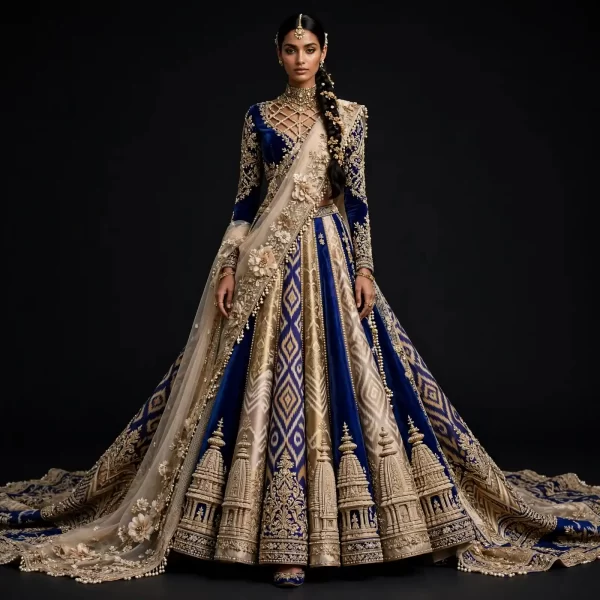 ExpensiveE  Royal Blue Champagne Gold Ikat Temple Tower Lehenga with Lattice Blouse and Saree Drape and 3D Floral Rosettes and Pearl Tassel Train