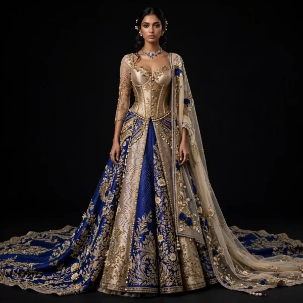 Royal Blue Champagne Gold ExpensiveE Corset Bridal Lehenga with Pearl Belt and Blue Floral Cape