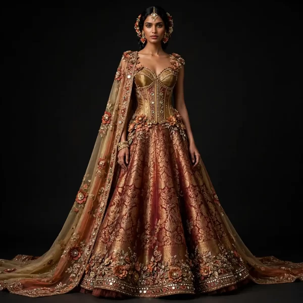 Rust Orange Gold Banarasi ExpensiveE Corset Bridal Lehenga with 3D Floral Cape and Mirror Work