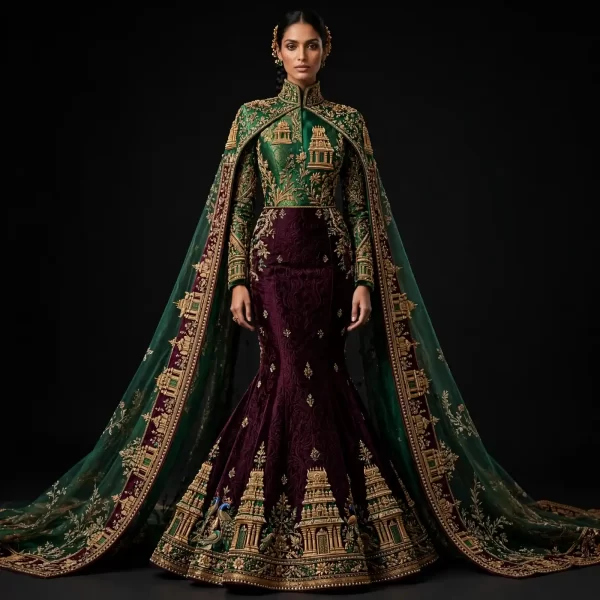 Expensive Emerald Green Burgundy Temple Gopuram Bridal Mermaid Lehenga Heavy Peacock Work 239