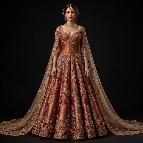 Expensive Rust Orange Maroon Floral Bridal Lehenga Heavy Corset Style Work 243