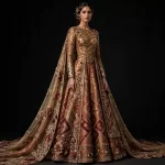 Expensive Antique Gold Rust Diamond Geometric Bridal Lehenga Heavy Mirror Work 244