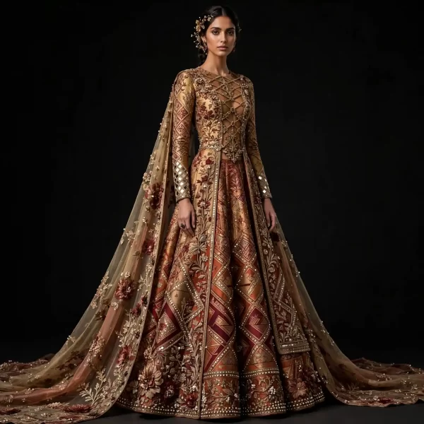 Expensive Antique Gold Rust Diamond Geometric Bridal Lehenga Heavy Mirror Work 244