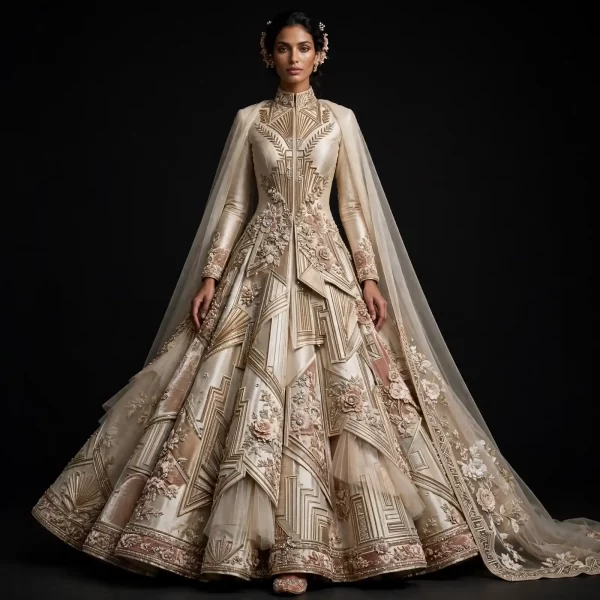 Expensive Champagne Ivory Gold Art Deco Geometric Bridal Lehenga Heavy Palace Work 245