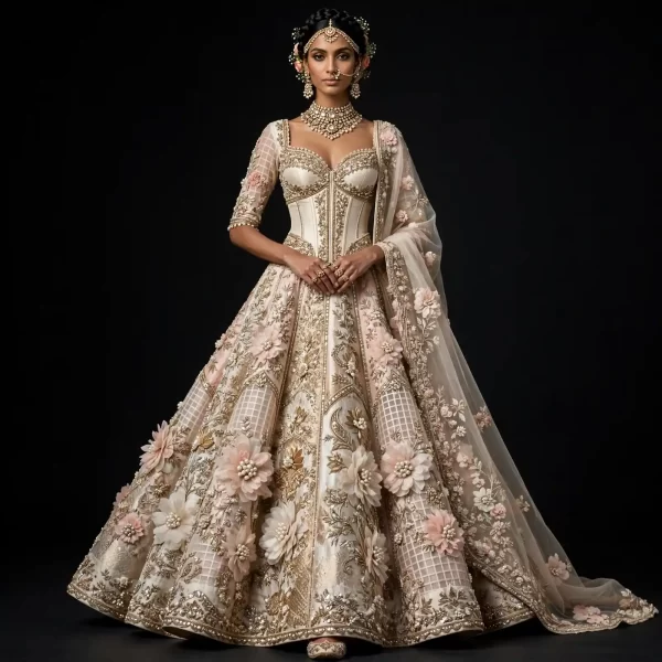 Expensive Ivory Pink Gold Floral Lattice Bridal Lehenga Heavy 3D Rose Work 246