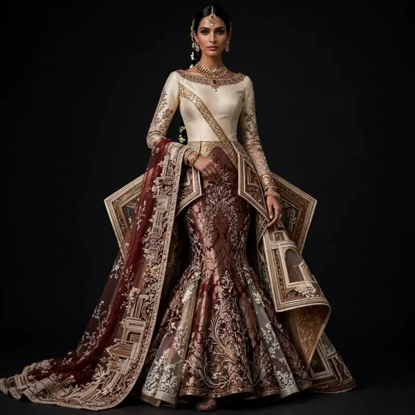 ExpensiveE Ivory Maroon Gold Palace Window Bridal Mermaid Lehenga Heavy Architectural Work 247
