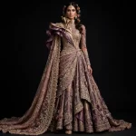 Mauve Royal ExpensiveE Mauve Plum Gold 3D Rose Pearl Ruffle Bridal Lehenga with One-Shoulder Cape