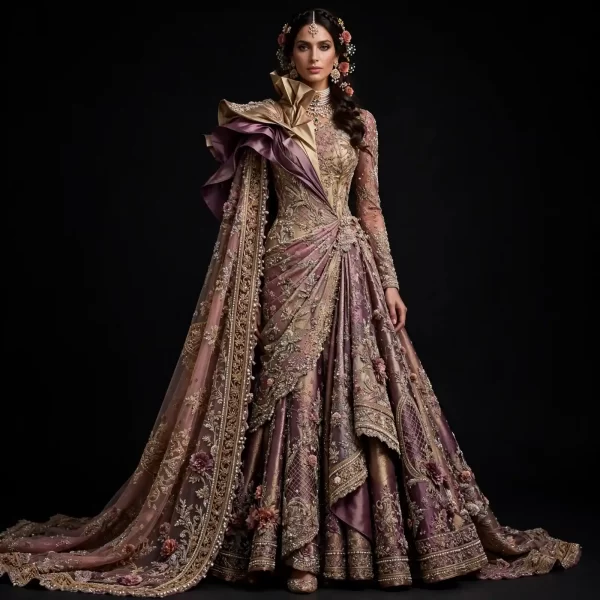 Mauve Royal ExpensiveE Mauve Plum Gold 3D Rose Pearl Ruffle Bridal Lehenga with One-Shoulder Cape