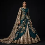 Teal Lotus Peacock ExpensiveE Teal Gold Champagne Lotus 3D Floral Pleated Bridal Lehenga with Cape
