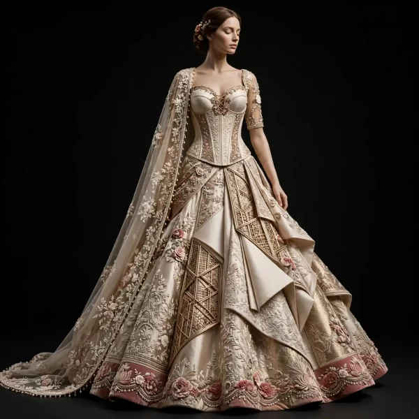 Champagne Lattice Palace ExpensiveE Ivory Champagne Blush Pink Gold Lattice Floral Corset Lehenga with Geometric Jaali