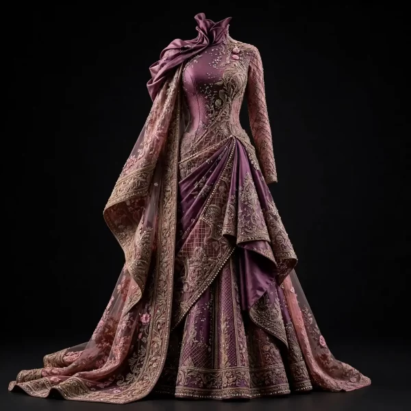 Plum Noir Expensive Deep Plum Purple Gold Ruffle Saree Drape Bridal Lehenga with Lattice Border