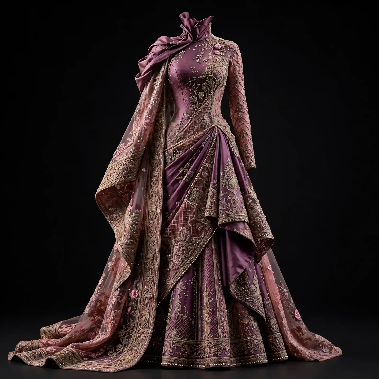 Plum Noir ExpensiveE Deep Plum Purple Gold Ruffle Saree Drape Bridal Lehenga with Lattice Border