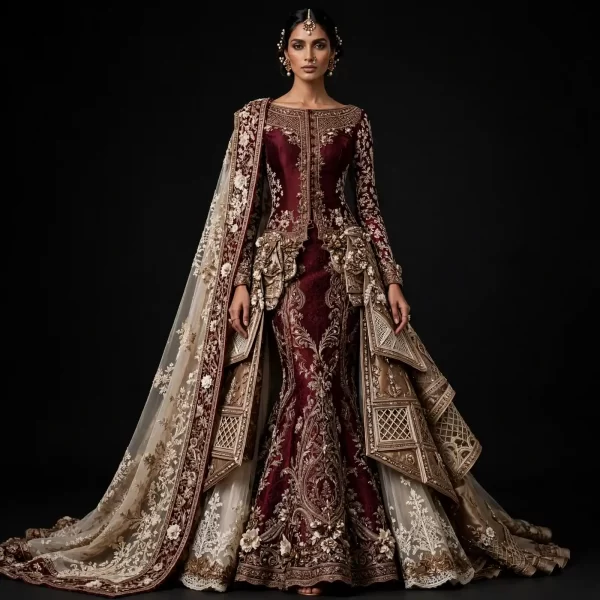 Burgundy Mughal Jaali ExpensiveE Burgundy Maroon Gold Mughal Lattice 3D Palace Peplum Mermaid Lehenga