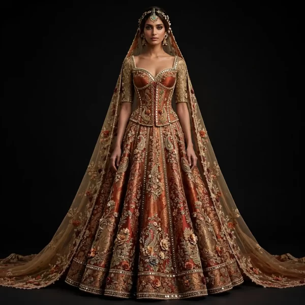 Terracotta Paisley Heritage ExpensiveE Rust Orange Gold Paisley Floral Heavy Bridal Lehenga with Veil