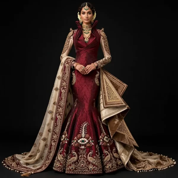 Peacock Maharani ExpensiveE Burgundy Maroon Gold Peacock Feather 3D Temple Mermaid Lehenga with Shoulder Peacocks