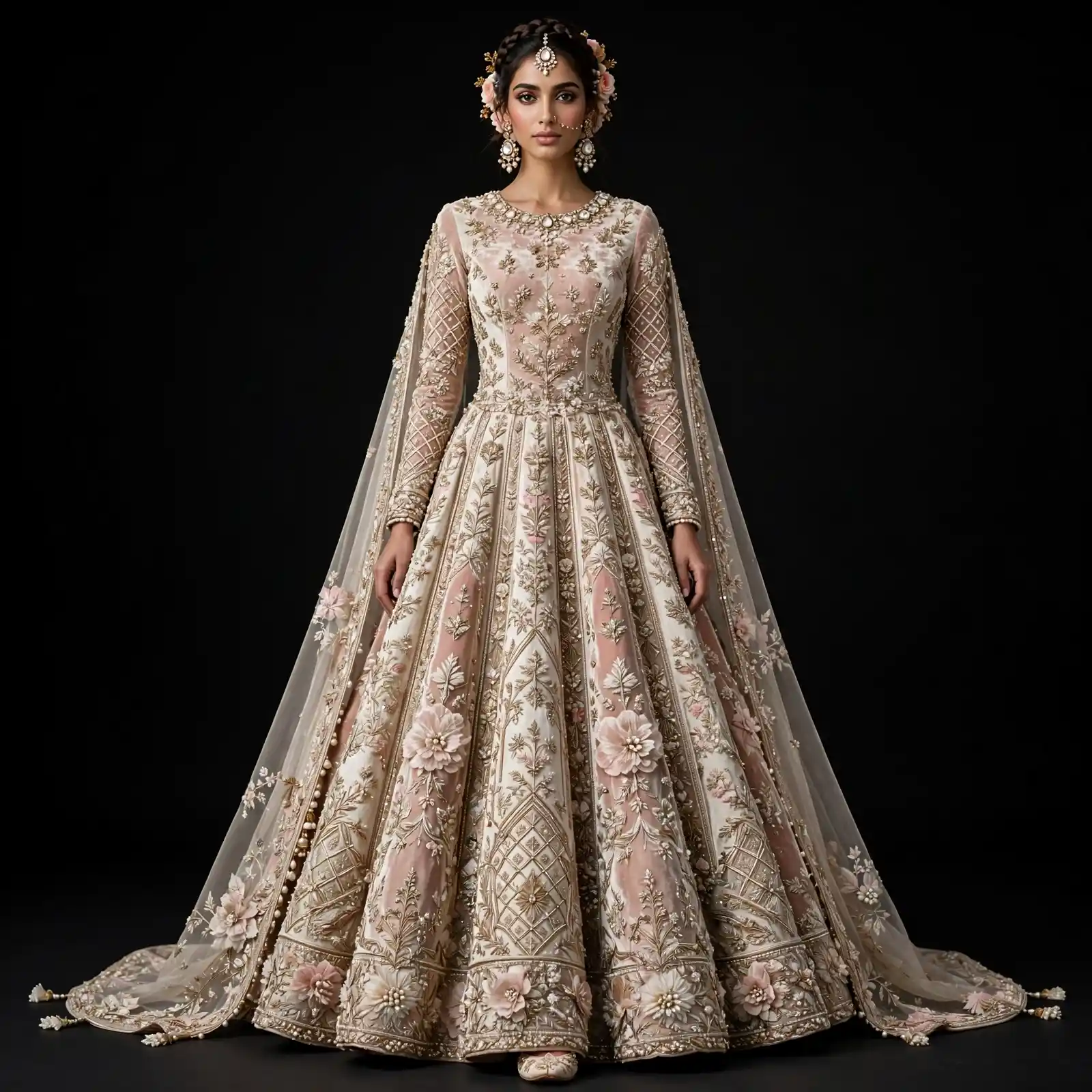 Ivory Blush Bloom ExpensiveE Ivory Champagne Blush Pink Gold 3D Floral Pearl Ball Gown Lehenga with Veil