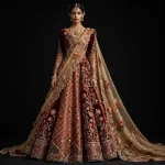 Burgundy Mirror Lattice ExpensiveE Burgundy Maroon Gold Mirror Diamond Grid Floral Saree Drape Bridal Lehenga