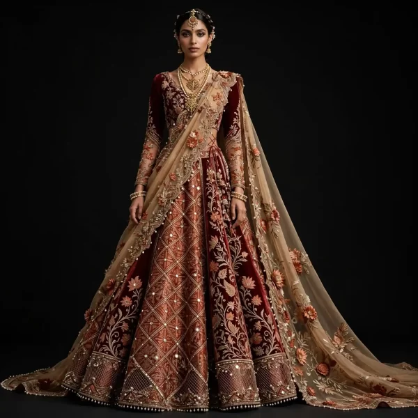 Burgundy Mirror Lattice ExpensiveE Burgundy Maroon Gold Mirror Diamond Grid Floral Saree Drape Bridal Lehenga