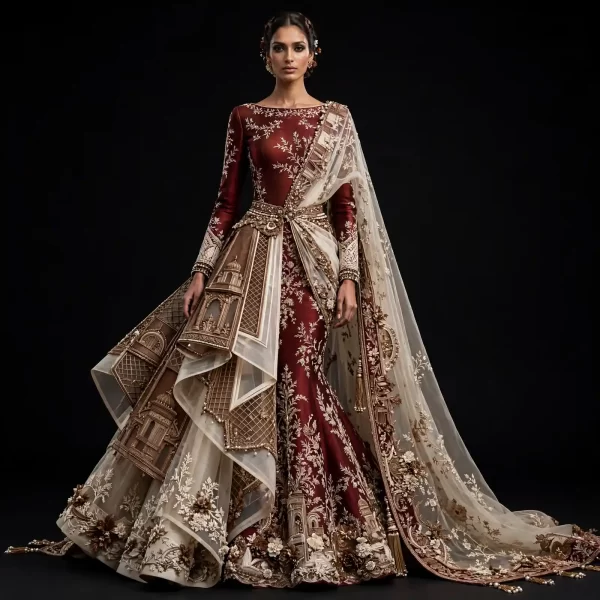 Burgundy Temple Sculpture ExpensiveE Burgundy Maroon Gold Temple Architecture 3D Sculpture Mermaid Lehenga