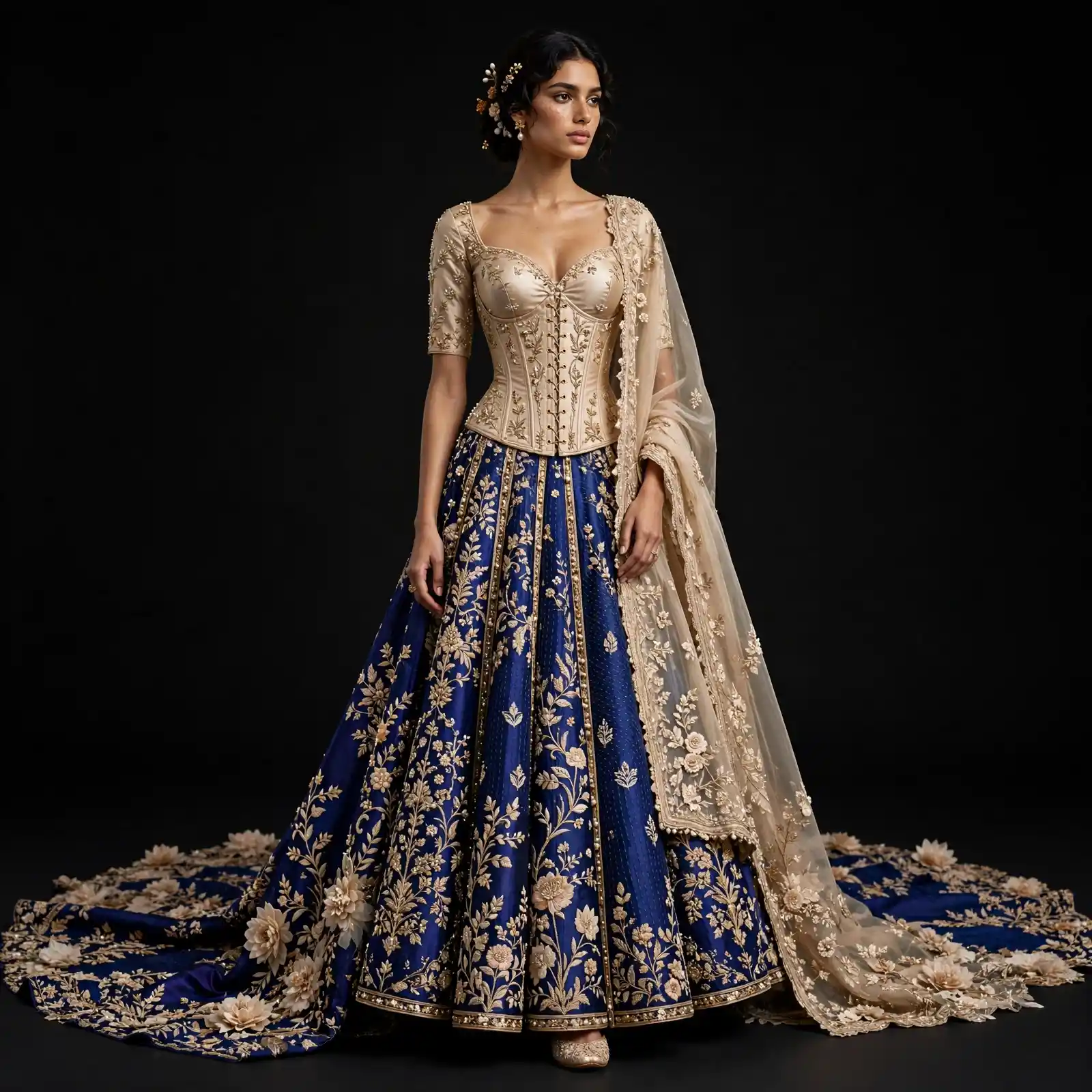 Royal Blue Corset Expensive Ivory Blue Gold Floral Corset Lehenga with Sheer Cape Dupatta