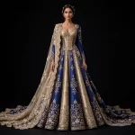 ExpensiveE  Royal Blue Champagne Gold Corset Blue Velvet Sleeves Bridal Lehenga Heavy Embroidered - Royal Blue Champagne Gold Corset Blue Velvet Sleeves and Gold Floral Vine Panels and Scalloped Train