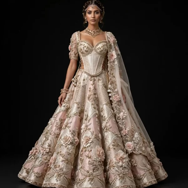 ExpensiveE  Ivory Blush Pink Corset Pearl Lattice 3D Rosettes Bridal Lehenga Heavy Embroidered - Ivory Blush Pink Corset with Pearl Lattice and 3D Rosettes and Floral Vine Mesh Panels and Cape Dupatta