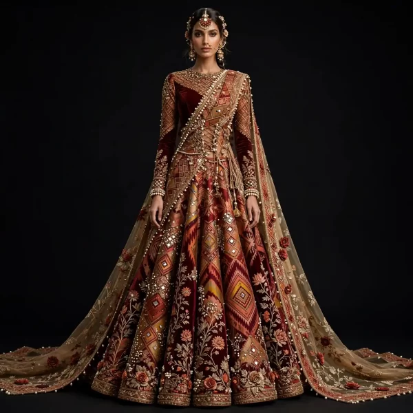 ExpensiveE  Burnt Orange Burgundy Mirror Mosaic Ikat Temple Saree Bridal Lehenga Heavy Embroidered - Burnt Orange Burgundy Mirror Mosaic Ikat Temple Lehenga with Saree Drape and Pearl Lattice