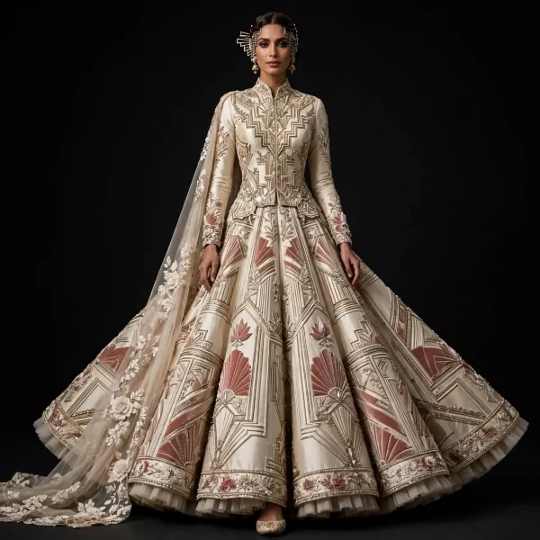 ExpensiveE  Ivory Blush Pink Art Deco Origami High Collar Geometric Fan Bridal Lehenga Heavy Embroidered - Ivory Blush Pink Art Deco Origami with High Collar and Geometric Fan Panels and Floral Cape
