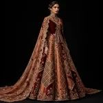 ExpensiveE  Burnt Orange Burgundy Velvet Temple Jacket High Collar Diamond Lattice Bridal Lehenga Heavy Embroidered - Burnt Orange Burgundy Velvet Temple Jacket Lehenga with High Collar Diamond Lattice and Cape