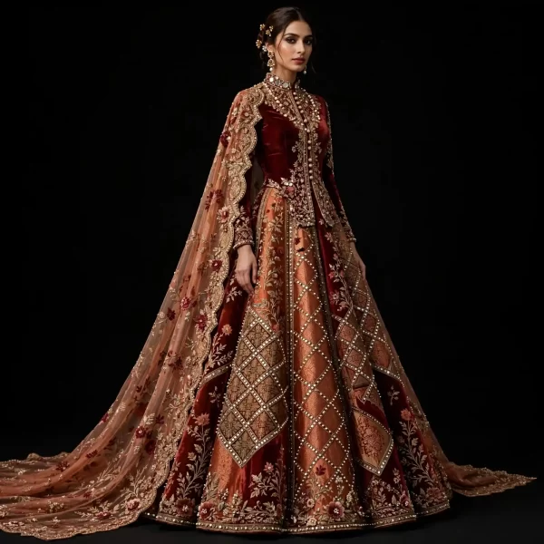 ExpensiveE  Burnt Orange Burgundy Velvet Temple Jacket High Collar Diamond Lattice Bridal Lehenga Heavy Embroidered - Burnt Orange Burgundy Velvet Temple Jacket Lehenga with High Collar Diamond Lattice and Cape