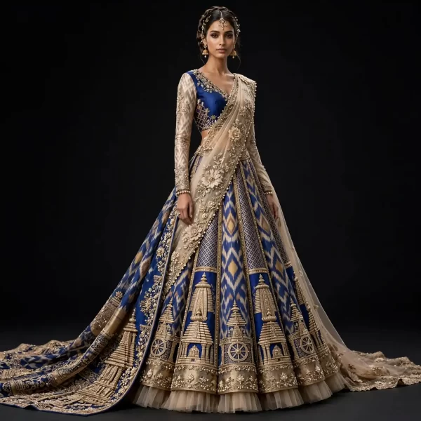 ExpensiveE  Royal Blue Champagne Gold Temple Tower Ikat Saree Chariot Bridal Lehenga Heavy Embroidered - Royal Blue Champagne Gold Temple Tower Ikat Lehenga with Saree Drape and Temple Chariot Wheels