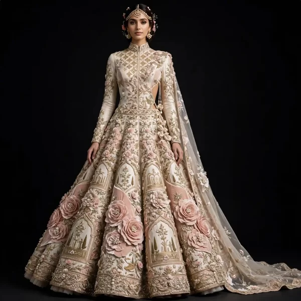 ExpensiveE  Ivory Blush Pink Temple Palace Arch 3D Rosettes High Collar Bridal Lehenga Heavy Embroidered - Ivory Blush Pink Temple Palace Arch Lehenga with High Collar and 3D Rosettes and Mughal Arch Panels