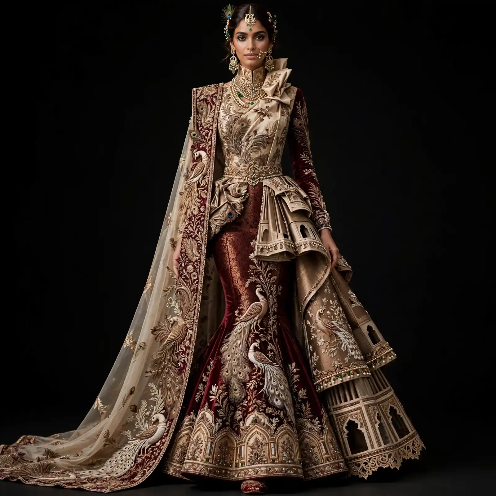 Expensivee Burgundy Champagne Gold Peacock Temple Palace Mermaid Peplum Bridal Lehenga Heavy Embroidered - Burgundy Champagne Gold Peacock Temple Palace Mermaid Lehenga with Peacock Embroidery and Peplum Temple Tower Drape