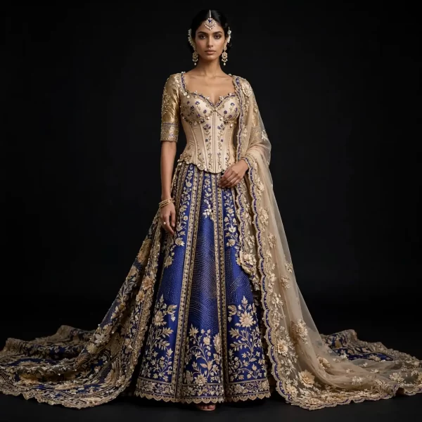 ExpensiveE  Royal Blue Champagne Gold Corset Blue Floral Panels Gold Brocade Bridal Lehenga Heavy Embroidered - Royal Blue Champagne Gold Corset with Blue Velvet Floral Panels and Gold Brocade and Pearl Scalloped Dupatta