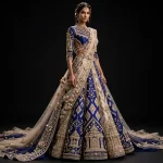 Expensivee Royal Blue Champagne Gold Temple Tower Ikat Saree Lattice Chariot Bridal Lehenga Heavy Embroidered - Royal Blue Champagne Gold Temple Tower Ikat Lehenga with Lattice Blouse and Chariot Temple Panels