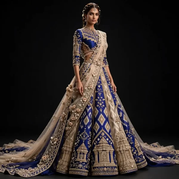 ExpensiveE  Royal Blue Champagne Gold Temple Tower Ikat Saree Lattice Chariot Bridal Lehenga Heavy Embroidered - Royal Blue Champagne Gold Temple Tower Ikat Lehenga with Lattice Blouse and Chariot Temple Panels