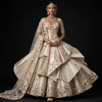 Ivory Champagne Origami Sculpted Expensive Bridal Lehenga with Corset and 3D Geometric Panels and Tulle Cape