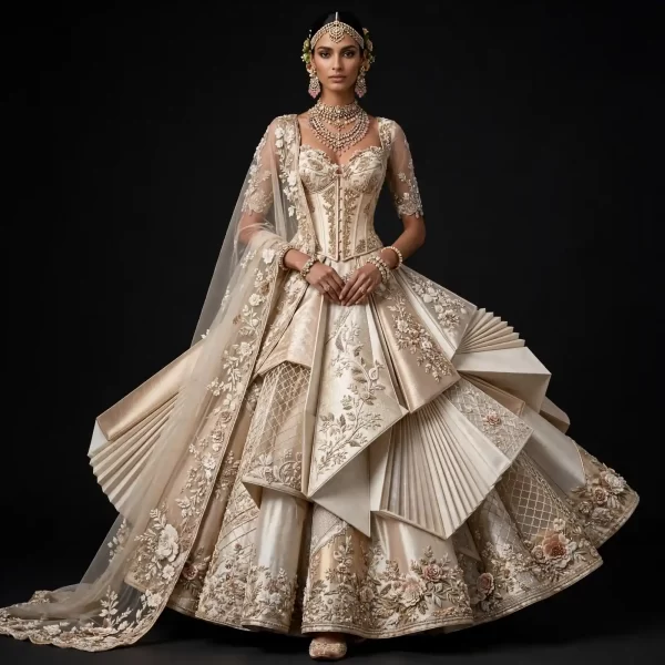 Ivory Champagne Origami Sculpted ExpensiveE Bridal Lehenga with Corset and 3D Geometric Panels and Tulle Cape